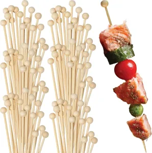 Natural Bamboo Food Picks Wooden Round Bead Top Skewers For BBQ Fruit Dessert Cocktail Party Decoration