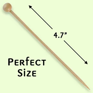 Detailed view of a wooden ball head skewer, natural wood color, 4.7 inches long.
