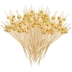 12cm disposable bamboo cocktail picks with gold beads for party fruit and dessert decoration.