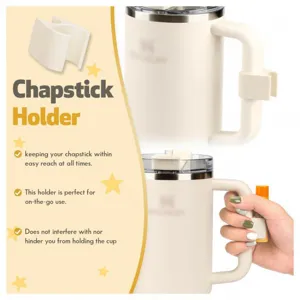 Chapstick holder for Stanley tumbler handle, portable lip balm clip accessory storage.
