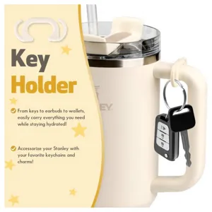 Silicone key holder accessory for 40oz tumblers with metal ring and secure strap design.