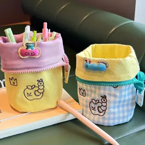 Canvas Pencil Case Cute Cartoon Embroidery Foldable Pen Holder Large Capacity Desktop Storage Bag For Students
