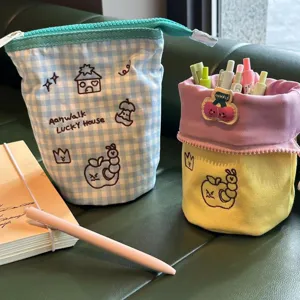 Cute plaid and color block canvas standing pencil pouch with lovely embroidery details for students.