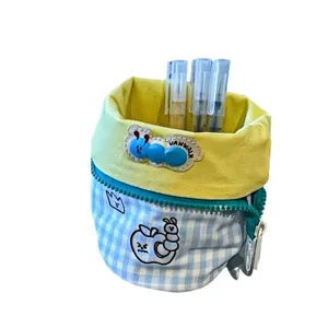 Cute Japanese canvas pull-up pencil case with large capacity, plaid and embroidery.
