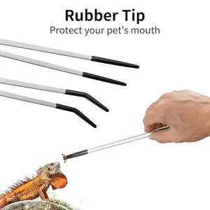 Stainless steel reptile feeding tweezers with protective rubber tip for safe pet food handling.
