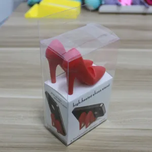 Mini red high-heel silicone phone stand detail view, cute desktop lazy holder accessory.