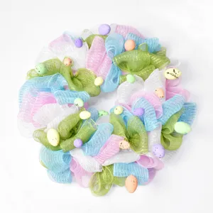 Ostern dekorativer Netz-Kranz bunte Schleife Kranz mit Pastell-Eiern für Festtag-Party-Dekor