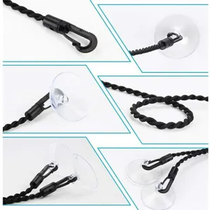 Portable elastic travel clothesline detail with hooks and suction cups for camping outdoor use.