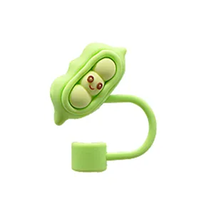Cute 3D Green Pea Pod Straw Cover Silicone Dustproof Cap for 8-10mm Straws Reusable Topper