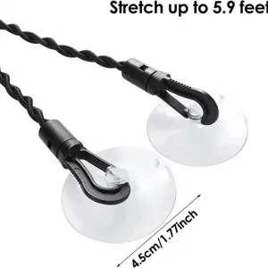 Portable elastic travel clothesline with suction cups and hooks for camping laundry use.