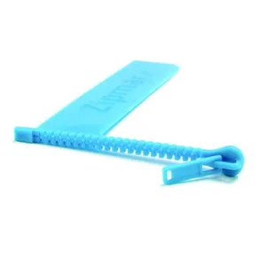 Detailed close-up view of the creative light blue zipper shaped plastic book marker and page clip item.