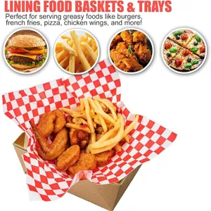 Red and white checkered greaseproof food paper liner for baskets trays and food packaging