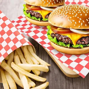 Red checkered greaseproof paper sheets for burgers french fries food wrapping 100pcs