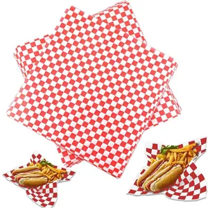 Red and white checkered greaseproof food wrapping paper for burgers, fries, and chicken.