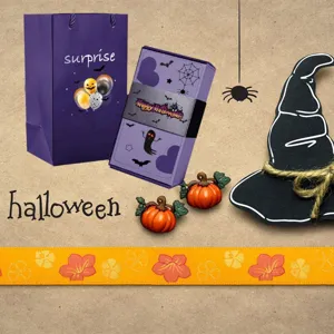 Halloween surprise gift box set with purple gift bags and decorative items for holiday party.
