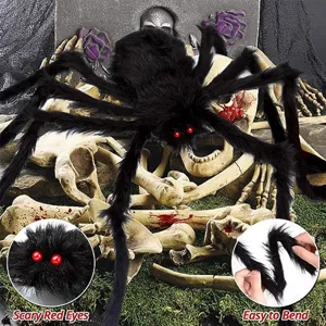 Grande araignée en peluche décoration d'Halloween avec yeux lumineux rouges et pattes flexibles.