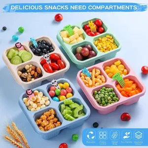 Vier Fächer Weizenstroh Snack Box Bento Behälter Wiederverwendbare Obst Aufbewahrung