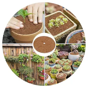 Round coconut coir mat detail view showing plant mulch protection and garden pot cover usage.