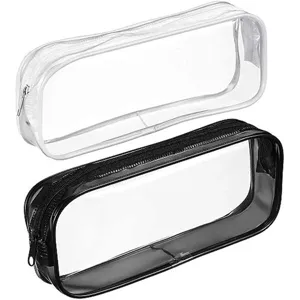 Close up detail of transparent PVC cosmetic bag and pencil pouch with smooth zipper closure.
