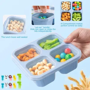 Vierteilige Weizenstroh Lunchbox mit dichtem Deckel und süßen Katzenohren Griffen für Snacks.