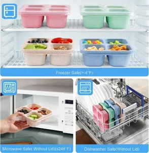 Weizenstroh 4-Fächer Lunchbox Lebensmittelbehälter, mikrowellen- und spülmaschinenfest.