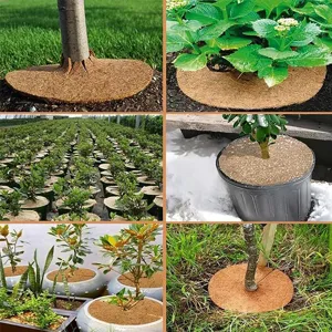 Round coconut coir tree ring mat for weed control, natural coco fiber mulch mat for garden pots.