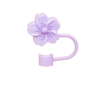 Silicone cherry blossom straw cover dust-proof plug reusable cute purple straw topper