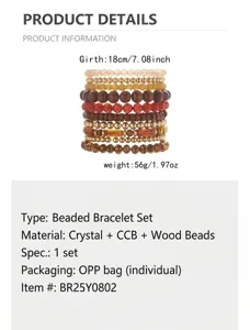 Bohemian style multi-layer stacked beaded bracelet set with crystal and wood beads.