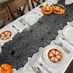 Halloween zwarte kant tafelloper spinnenweb tafelkleed griezelige feest tafeldecoratie