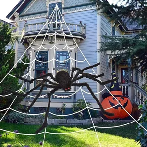 Ensemble de fausse toile d'araignée géante d'Halloween et d'araignée pelucheuse pour jardin.
