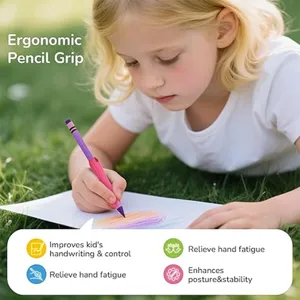 Detailed view of ergonomic silicone pencil grip helping child with writing posture outdoors.