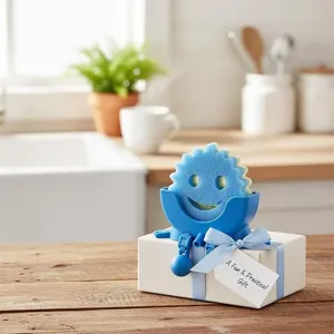 Handwashing sponge holder detail view, blue kitchen sponge with cute stand and gift box packaging.