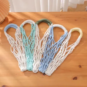 Handmade cotton woven mesh water bottle bag cute hollow cup holder portable coffee sleeve