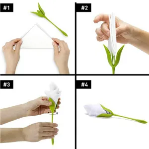 Detailed instruction graphic showing step-by-step napkin folding with the green stem holder tool.