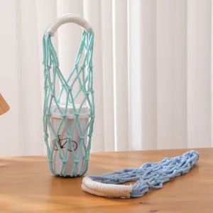 Handmade woven water bottle net bag cotton cup holder coffee carrier handy mesh detail view