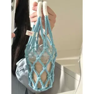 Handmade woven water bottle net bag cute cup sleeve portable coffee holder daily use.