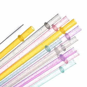 Pajitas rígidas de plástico con purpurina colorida reutilizables con anillo y cepillo.