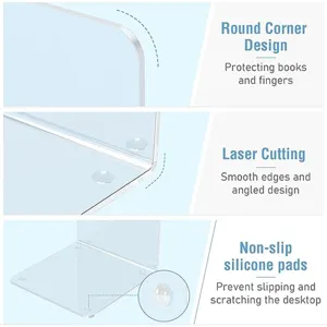 Fermalibri in acrilico trasparente con bordi tagliati al laser e cuscinetti in silicone.