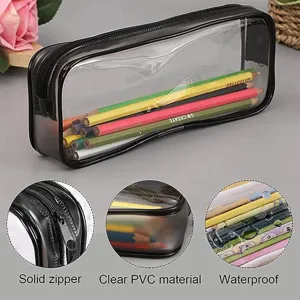 Clear black PVC pencil pouch large capacity waterproof cosmetic zipper bag for travel use