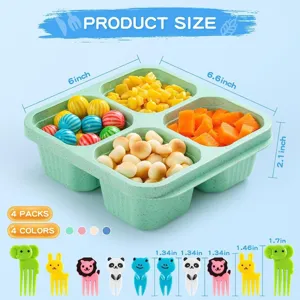 4-Fächer Weizenstroh Snackbox mit süßen Tier-Fruchtgabeln für Kinder und den täglichen Gebrauch.