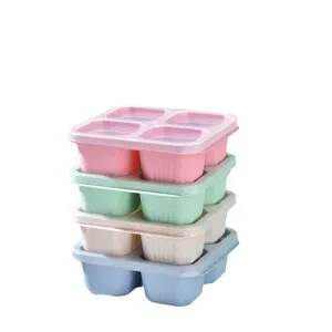 Weizenstroh 4-Fächer Bento Box Snackbehälter mit Deckel für tägliche Küchenaufbewahrung.