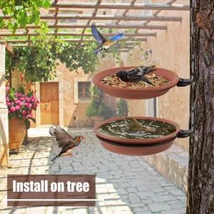 Outdoor hanging bird feeder and waterer set with tree mount bracket for garden decoration.