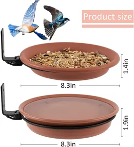 Outdoor hanging bird feeder with metal bracket and brown bowl, 8.3in diameter size.