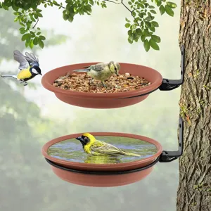 Outdoor hanging bird feeder and waterer set with durable brackets for trees and garden use.
