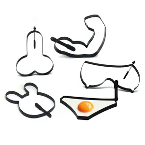 Funny novelty egg ring set, black non-stick silicone or metal mold for bachelor party fun.