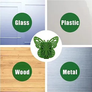 Green butterfly plant clip detail showing application on glass, wood, metal, and plastic surfaces.