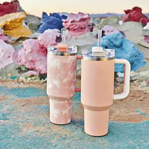 Stainless steel travel tumbler with handle and straw, large capacity 40oz insulated cup.