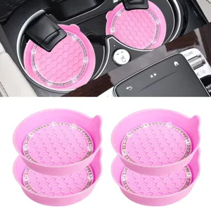Pink rhinestone car cup coasters set anti-slip silicone auto drink holder insert mats 4pcs