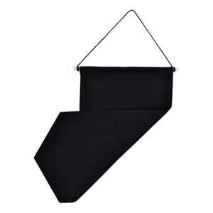 Black canvas pin display banner detail, fabric wall hanging flag with wooden dowel.