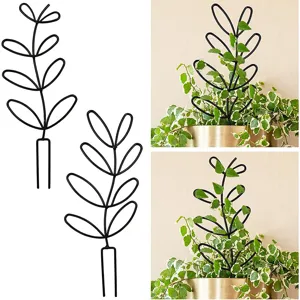 Metalen plantenrooster voor potplanten, mooie bladvormige steunstok, 2 stuks details.
